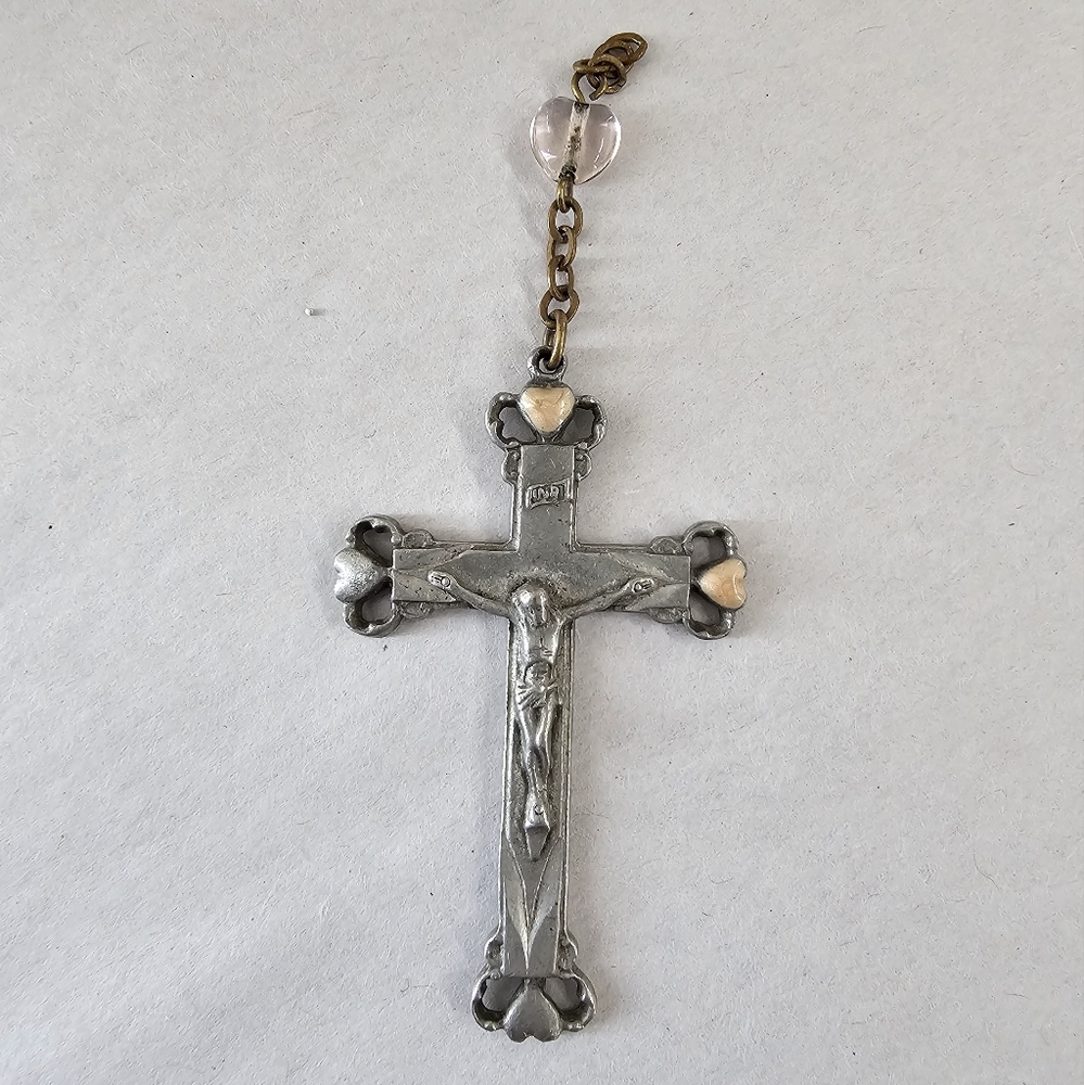 French Antique Crucifix 2”Pendant Cross Necklace Rosary Victorian